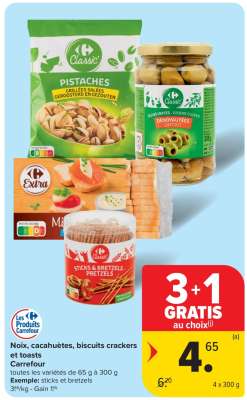 Noix, cacahuètes, biscuits crackers et toasts